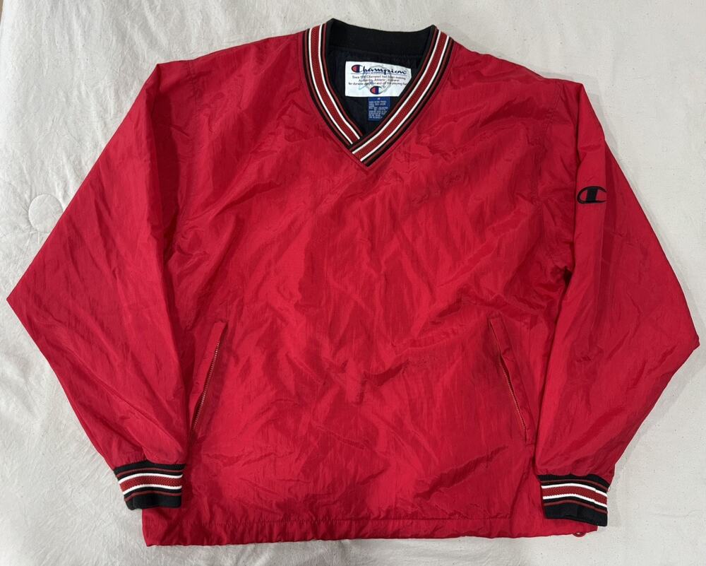Vintage 90s Champion Pullover V-Neck Windbreaker Sz M Red Logo VTG